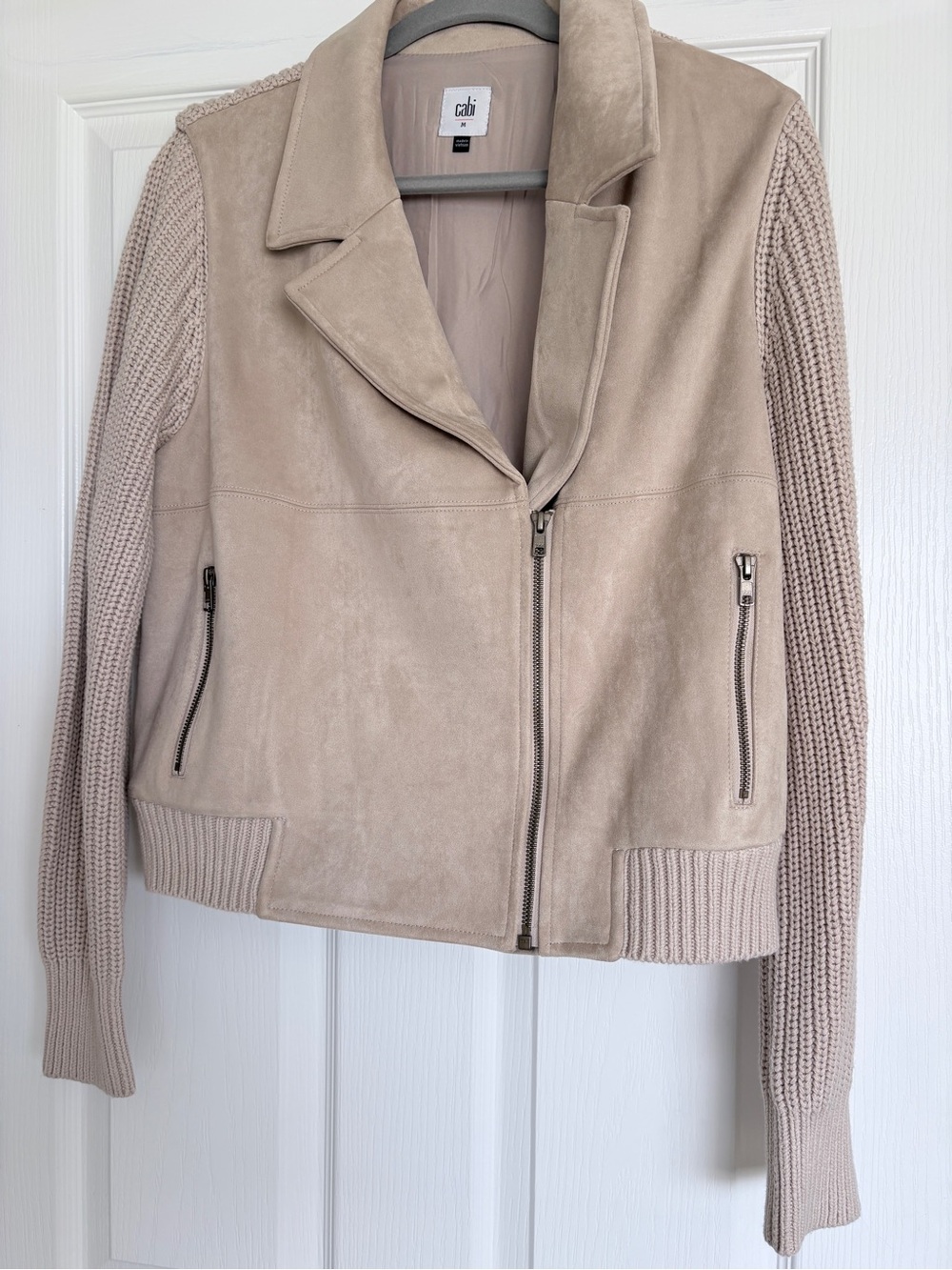 CAbi Taupe Suede Body Knit-Sleeve Moto Jacket